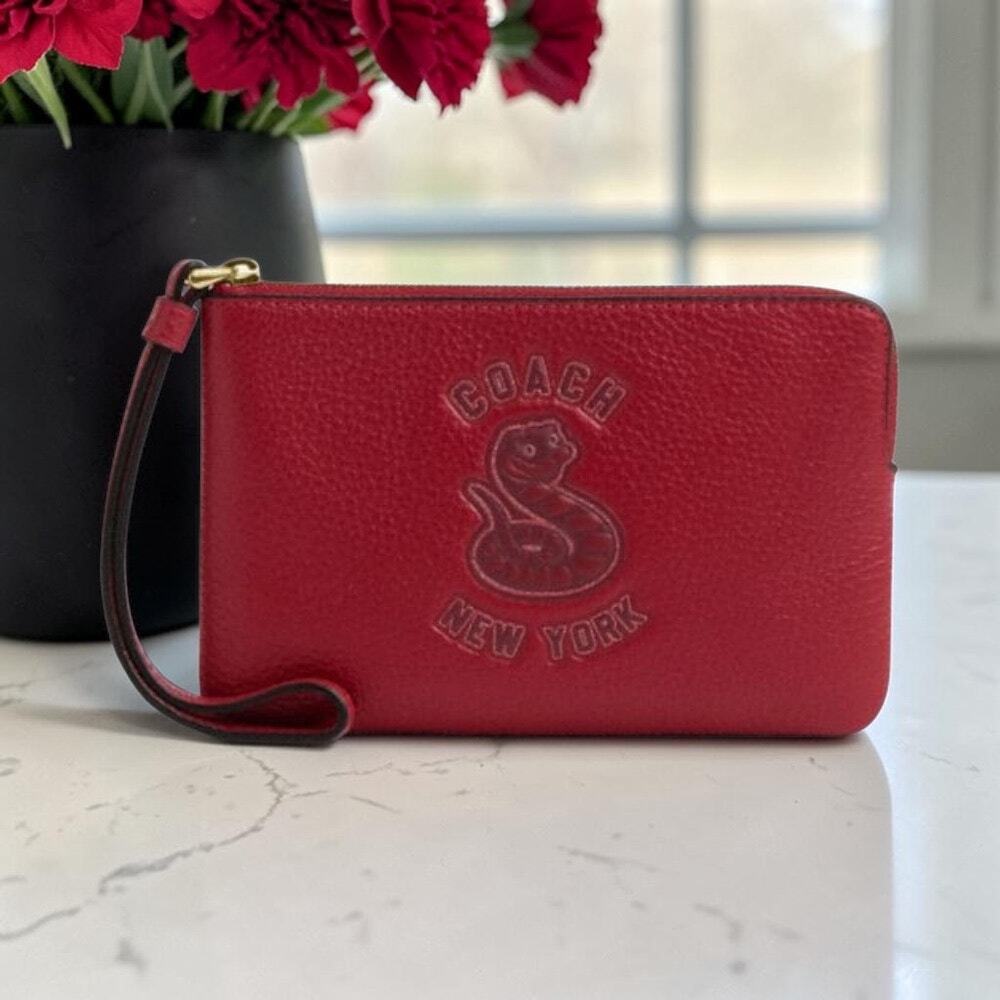 Coach New Year Corner Zip Wristlet With Snake Graphic in Ruby Red Leather CZ529